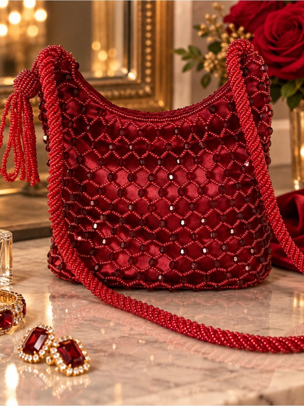 Red Beaded Satin Shoulder Bag with Braided Strap